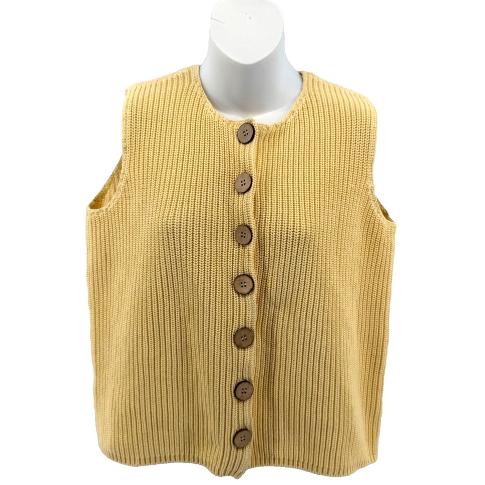Orvis - 100% Cotton Yellow Chunky Ribbed Knit Button Front Sweater Vest - Medium